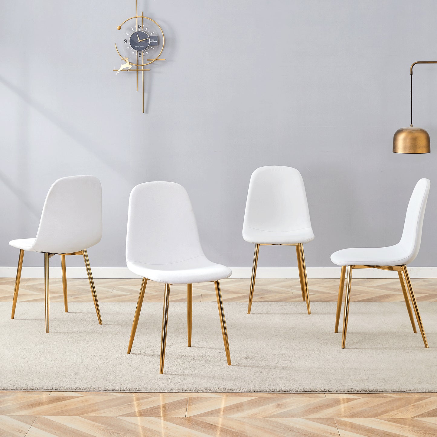 Luxury Simple Chair - Set Of 4 White Linen Material High Resilience Dining Chair With Metal Golden Leg.Integral Metal Leg Architecture,Suitable For Various Interior Decoration Styles.
