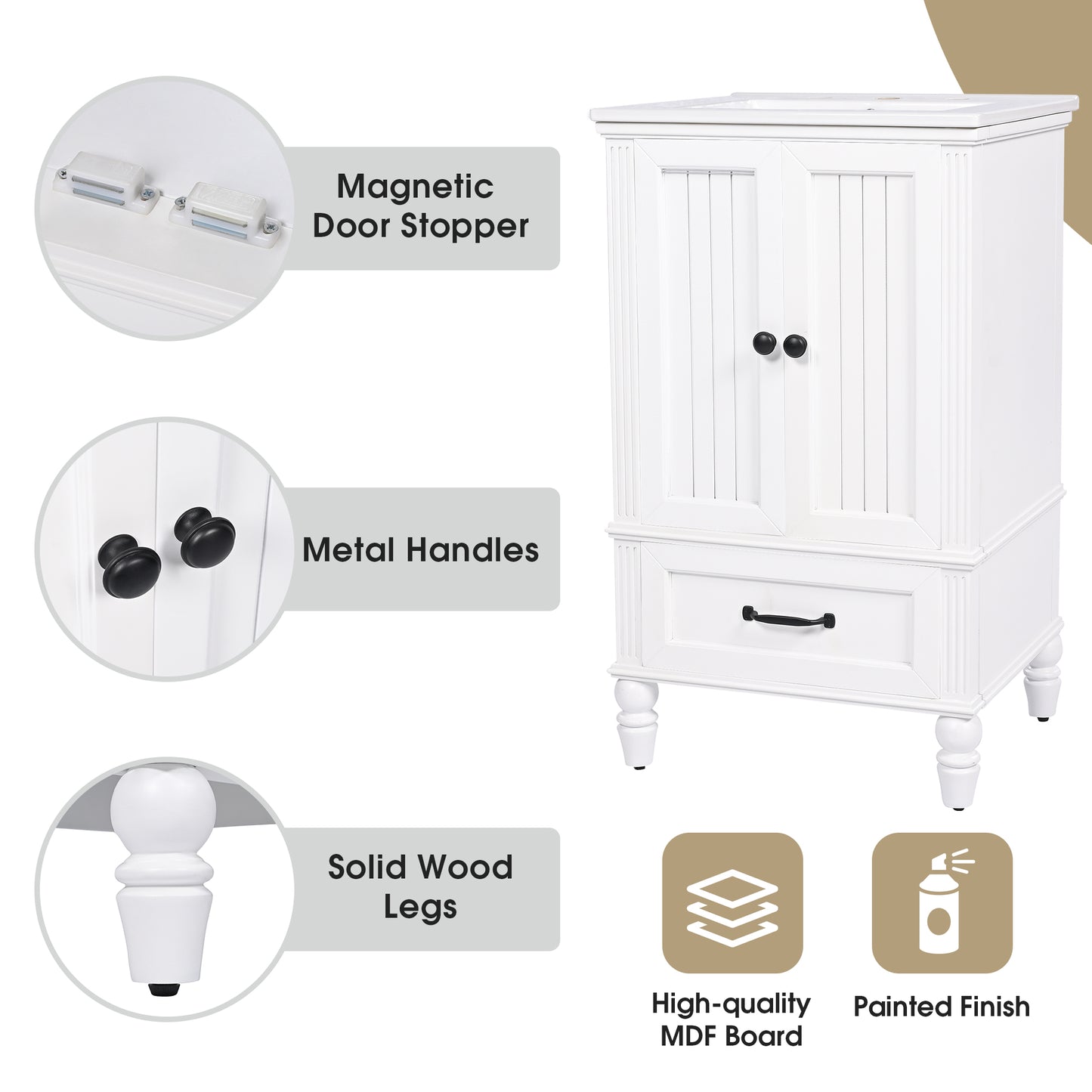 20 Bathroom Vanity With Sink, Bathroom Cabinet With Two Doors, Magnetic Door Stopper And  Adiustable Foot Pads, A Drawer, White