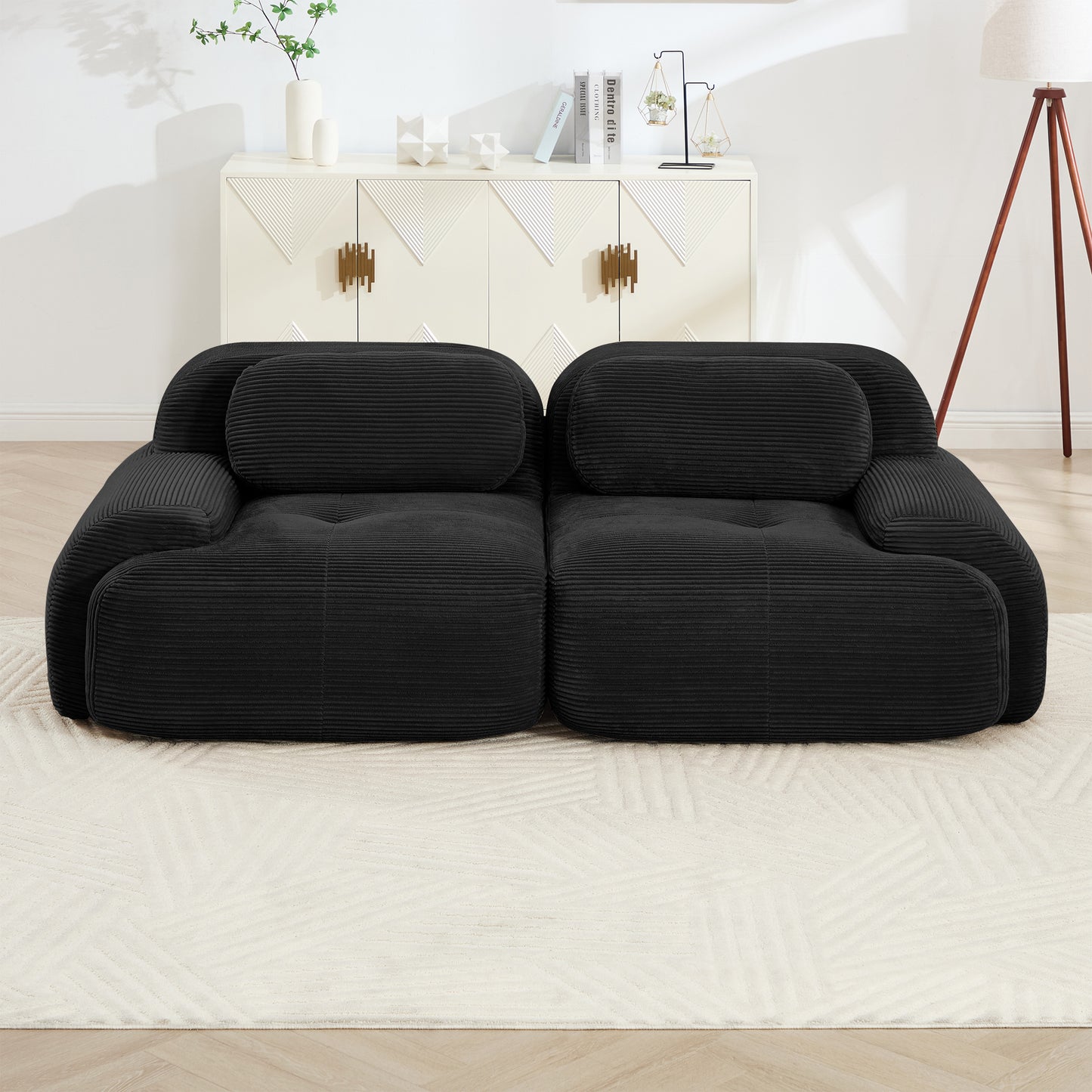 82'' Loveseat Sofa In LuxuryCorduroy Fabric Modular For Free Combo Separation Curved Armrests ,anti-slip Design High-resilience Sponge Fits Living Rooms Bedrooms Audiovisual Room, Black