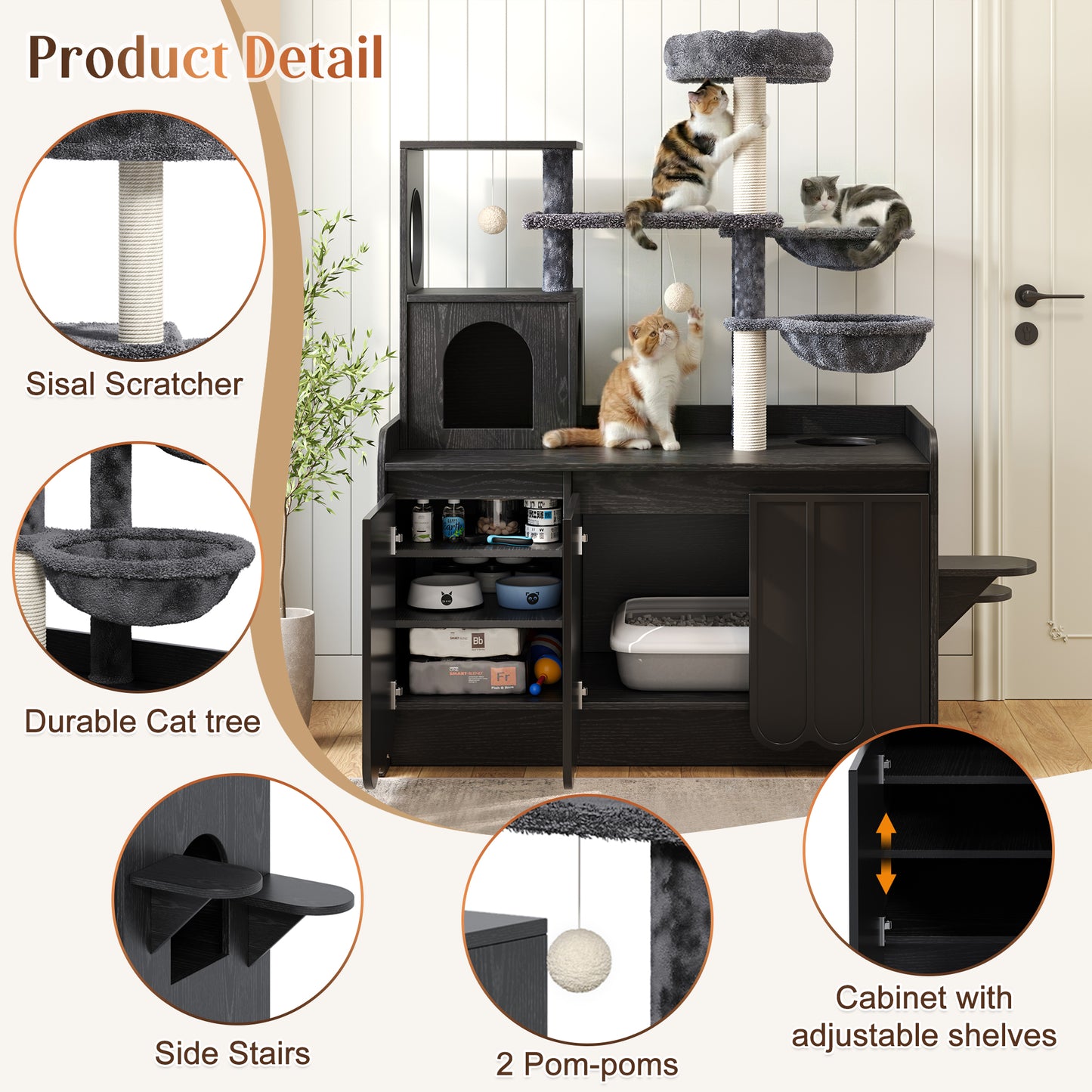 50.6 Cat Tree With Litter Box Enclosure, Cat Tower With Sisal Scratching Post And Storage Space, Hidden Litter Enclosure Furniture, All-in-One Modern Cat Condo With House, Hammock And Perch, Black