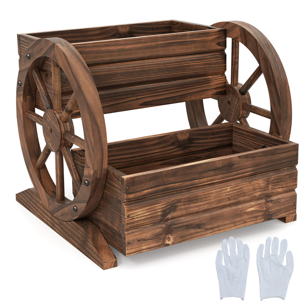 2-Tier Raised Garden Bed Rustic Wood Wagon Shape With Drainage Holes And Wheels For Growing Flowers Or Displaying Potted Plants
