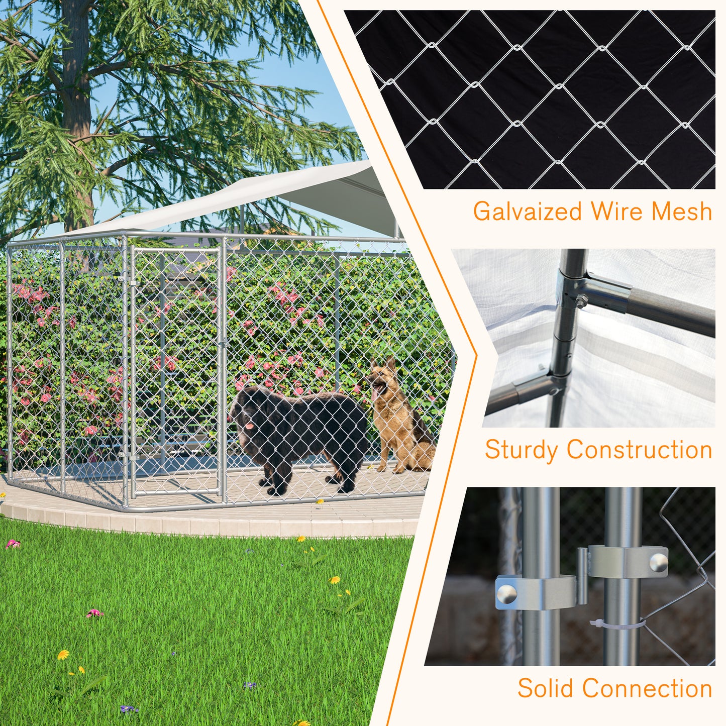 Heavy Duty Outdoor Dog Kennel 13.1x7.5x7.6 Ft, Galvanized Chain Link Playpen With Waterproof Anti-UV Cover, Secure Lock, Large Exercise Pen For Puppy & Small Pets