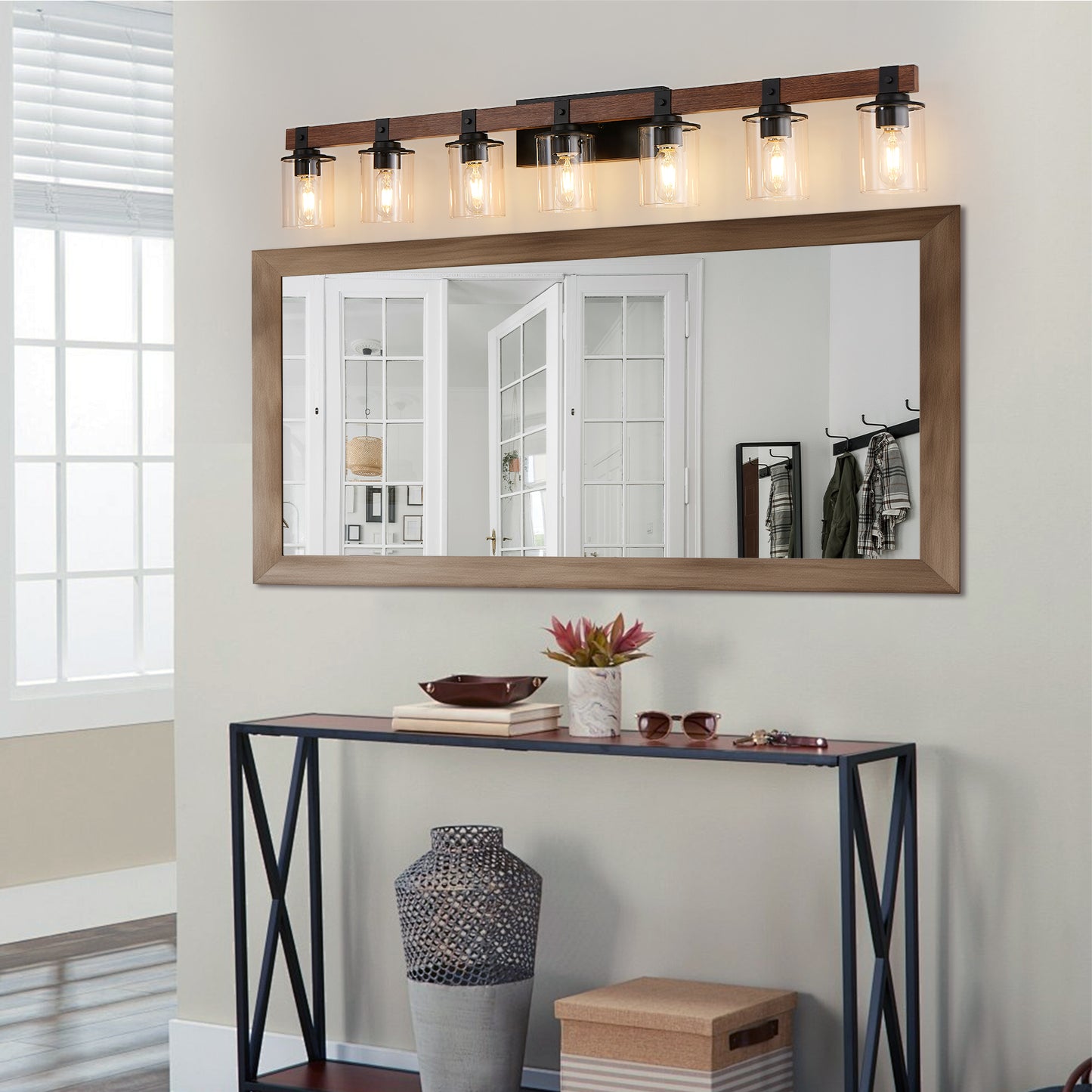 50in Rustic 7-Light Vanity Light, Industrial Bathroom Wall Sconce With Glass Shades And Wood Accent, Modern Farmhouse Lighting Fixture  No Bulbs