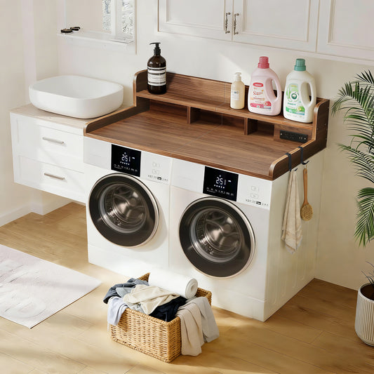 2-Tier Washer And Dryer Countertop With Power Outlet, 54W X 27.5D Large Laundry Countertop For Fold Clothes, Laundry Topper With Non-Slip Pads & Hooks And Storage Basket Walnut Color