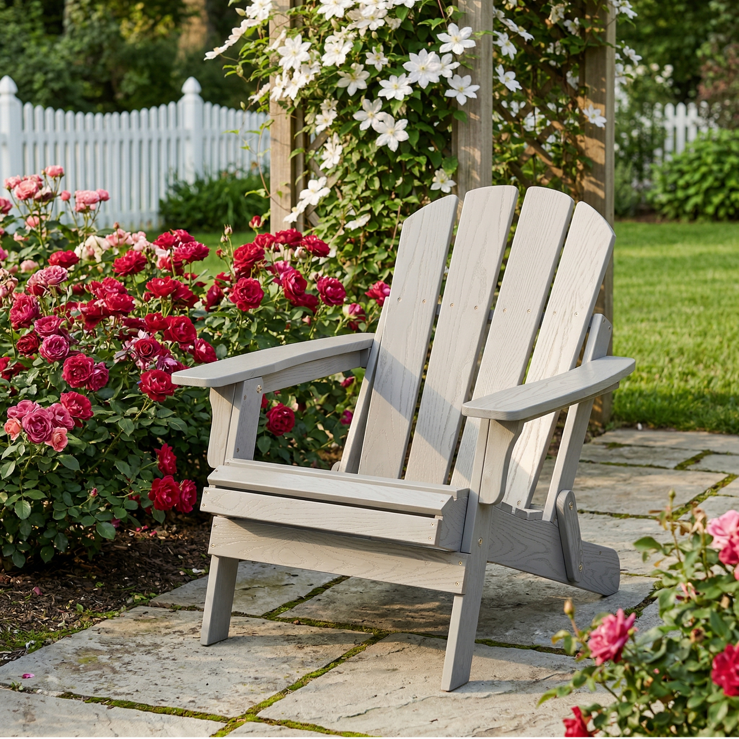 Oversize Embossed Wooden Outdoor Folding Adirondack Chair With Pre-Assembled BackRest & SeatBoard, Wood Patio Chair For Garden Porch Pool Deck Firepit