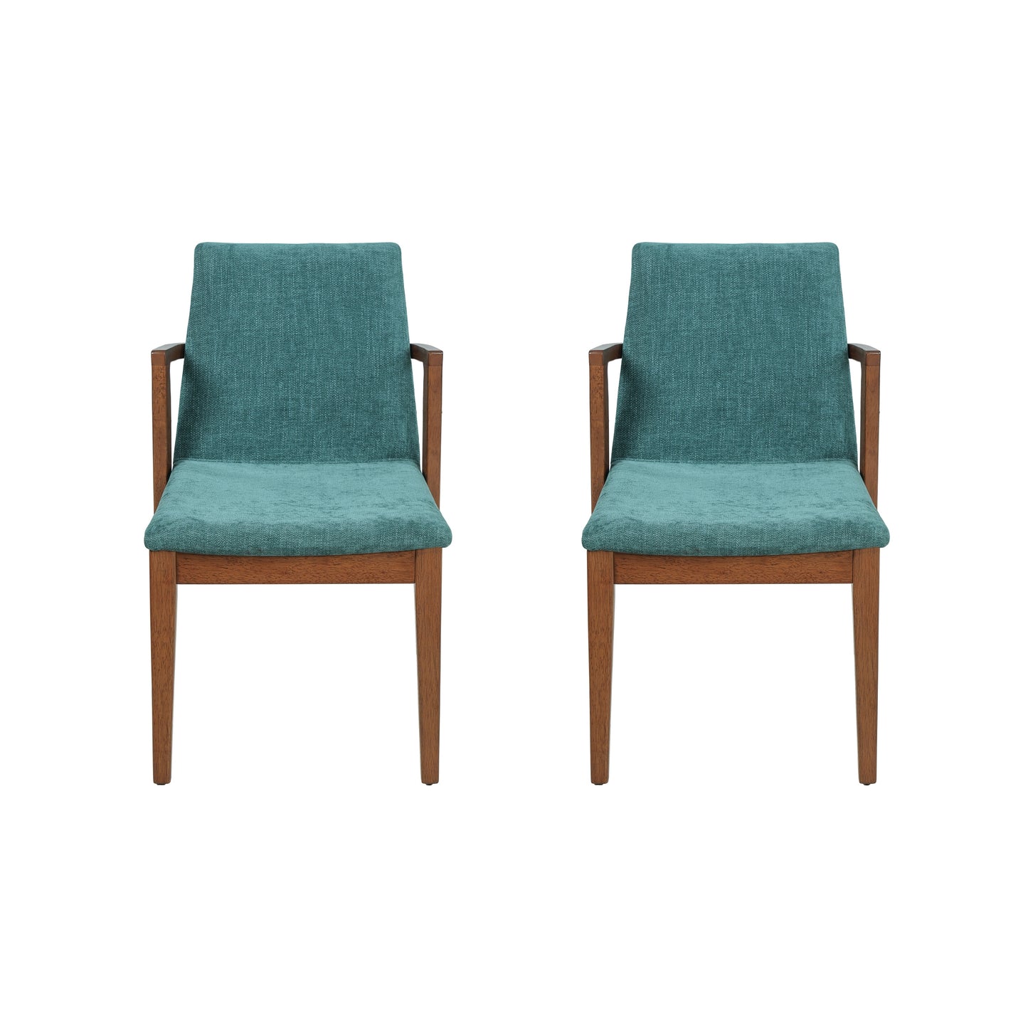 Mid-Century Modern Dining Chairs Set Of 2 - Green Fabric Upholstered Armchairs With Walnut Color Rubber Wood Frame, 250lbs Capacity For Kitchen & Dining Room