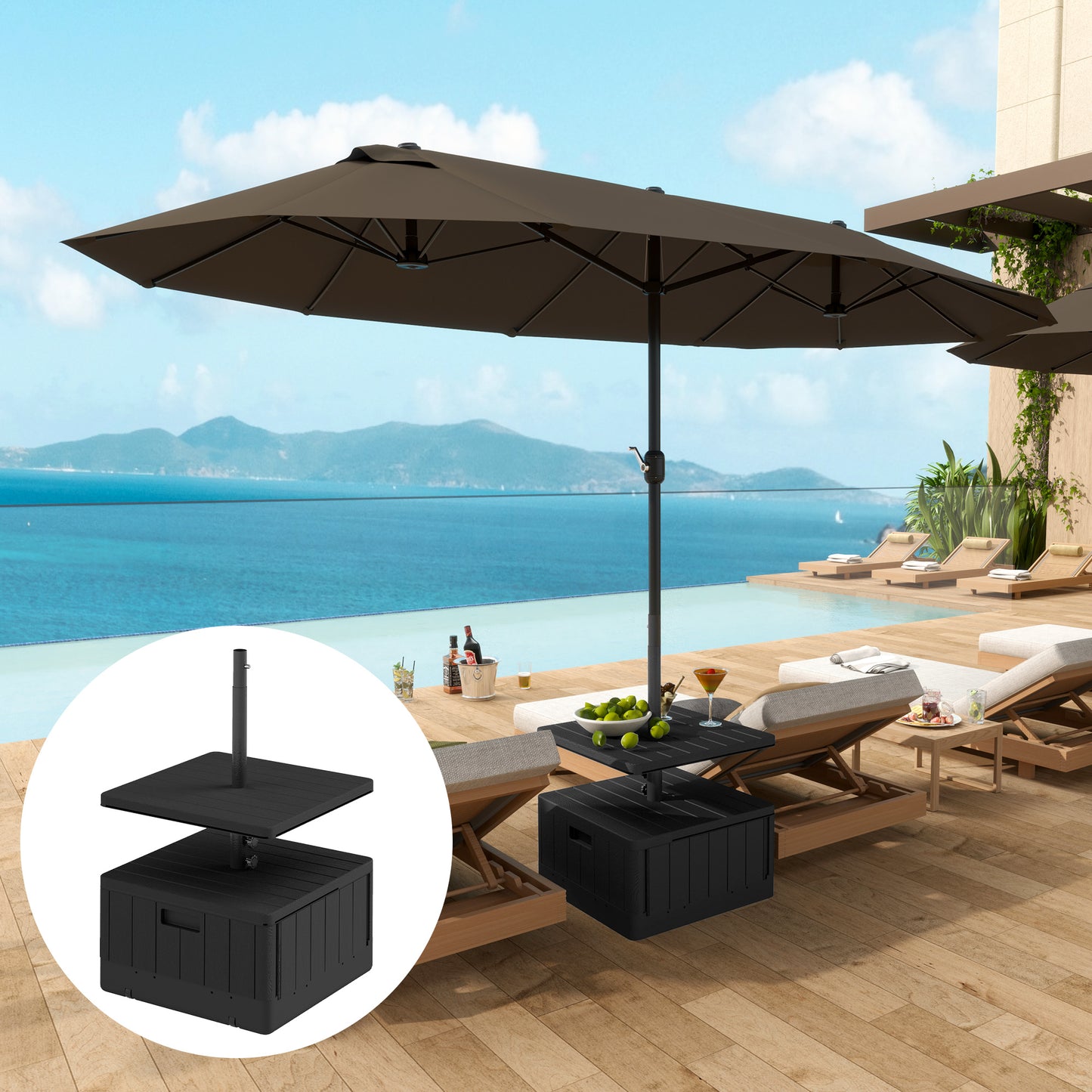 3-in-1 Outdoor Umbrella Base With Table Tray, Coffee End Table, Planter Box With Drain Hole, 175 Lbs. Capacity Heavy Duty Fillable Patio Umbrella Stand Table With Wheels And Handles, Black