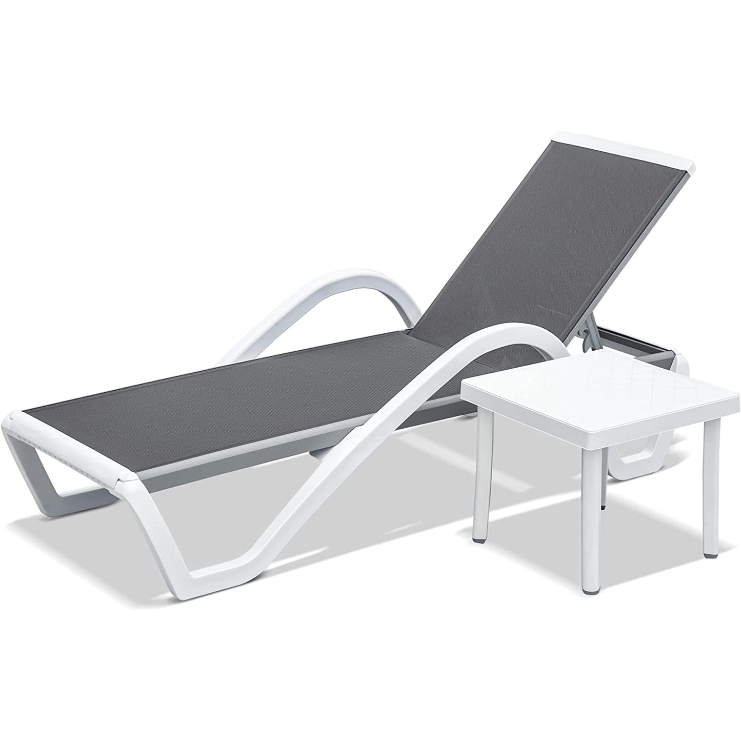Patio Chaise Lounge Adjustable Aluminum Pool Lounge Chairs With Arm All Weather Pool Chairs For Outside,in-Pool,Lawn   Gray, 1 Lounge Chair  1 Plastic Table