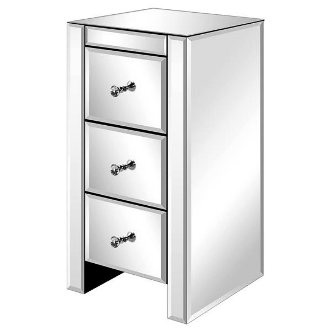 Mirror Bedside Table - Three Drawers, Silver Color
