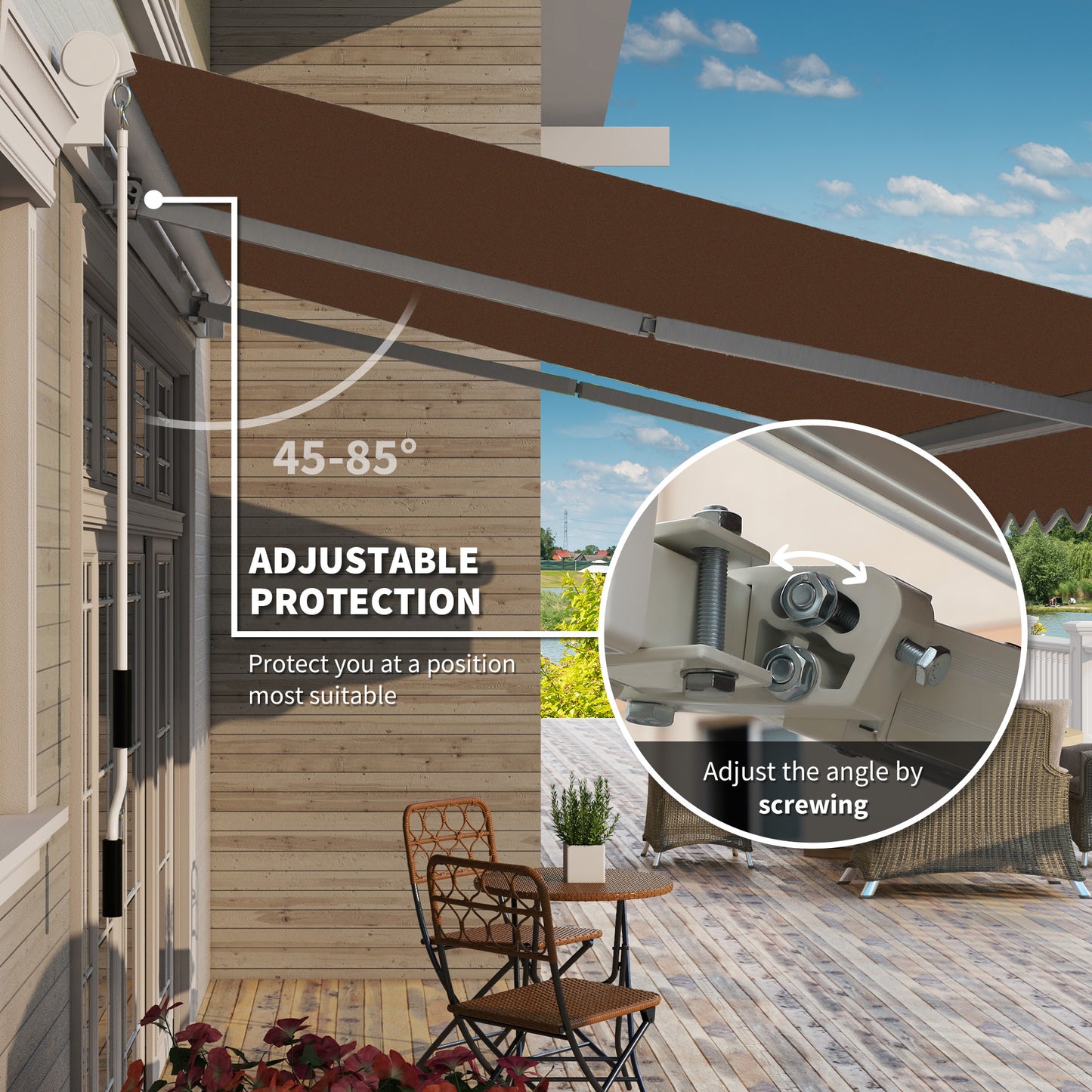 13' X 8' Retractable Awning, Patio Awnings, Sunshade Shelter W/ Manual Crank Handle, UV & Water-Resistant Fabric And Aluminum Frame For Deck, Balcony, Yard, Coffee Brown