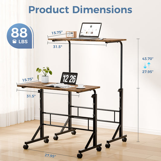 31.5-inch Adjustable-height Mobile Desk, Equipped With Locking Wheels And Clasps, Suitable For Mobile Desks And Active Home Offices
