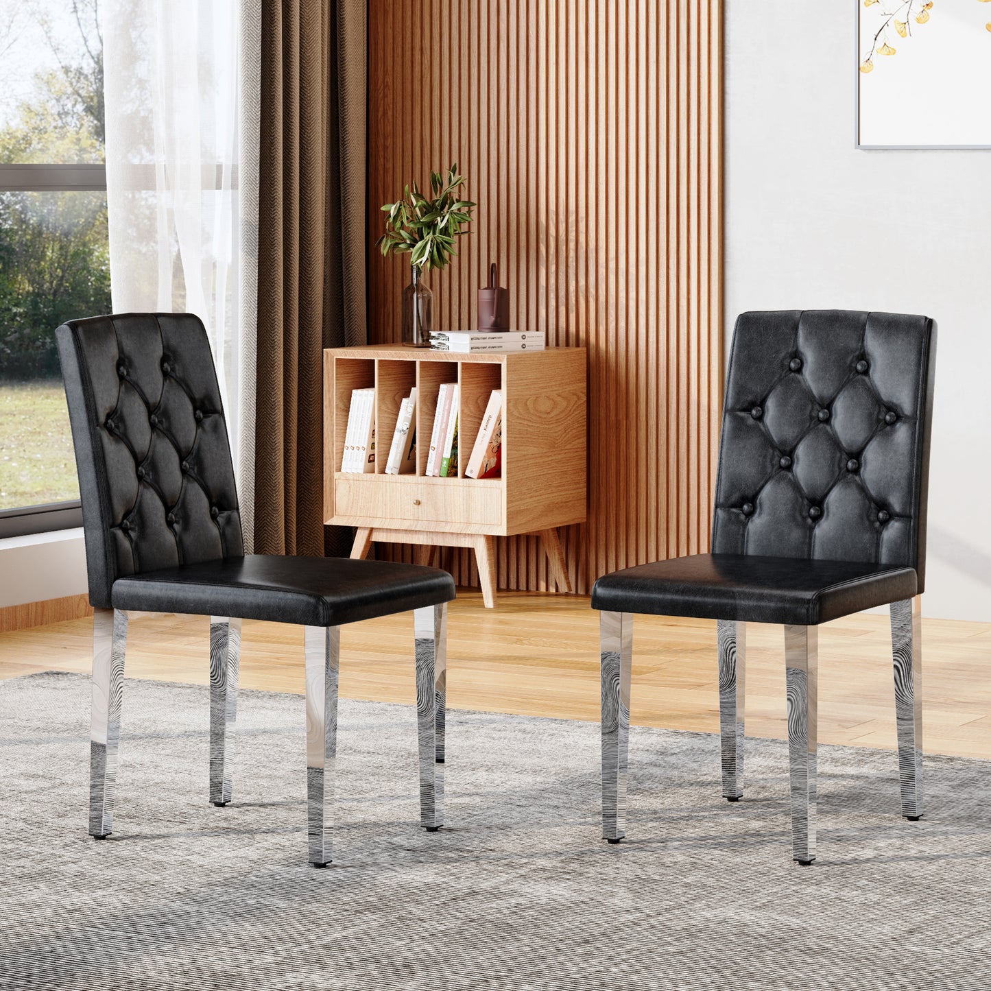 2-pack Black PU Dining Chairs  Ergonomic Buckle Backrest, 35 Inches High, Silver Metal Legs,Combines Comfort And Texture.Perfectly Suitable For Family Dining Rooms, Hotel Banquet Halls,etc.