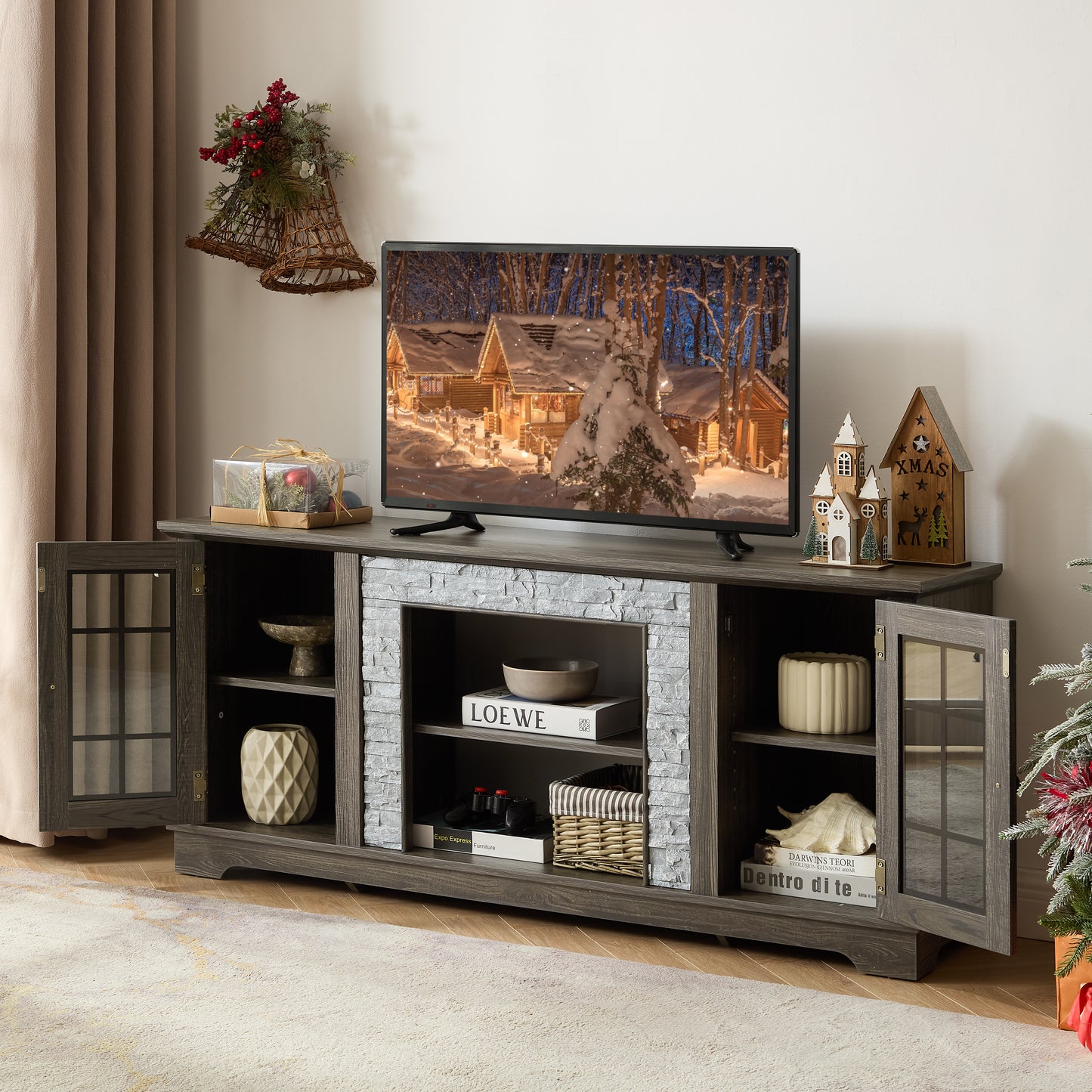 58  Modern TV Stand With 2-Door Storage, Faux Stone Media Console Cabinet, Grey Large Entertainment Center For Living Room