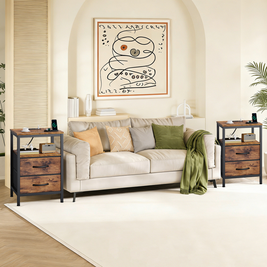 A Small Bedside Table With A Charging Station And Two Fabric Drawers, And A Side Bedside Table