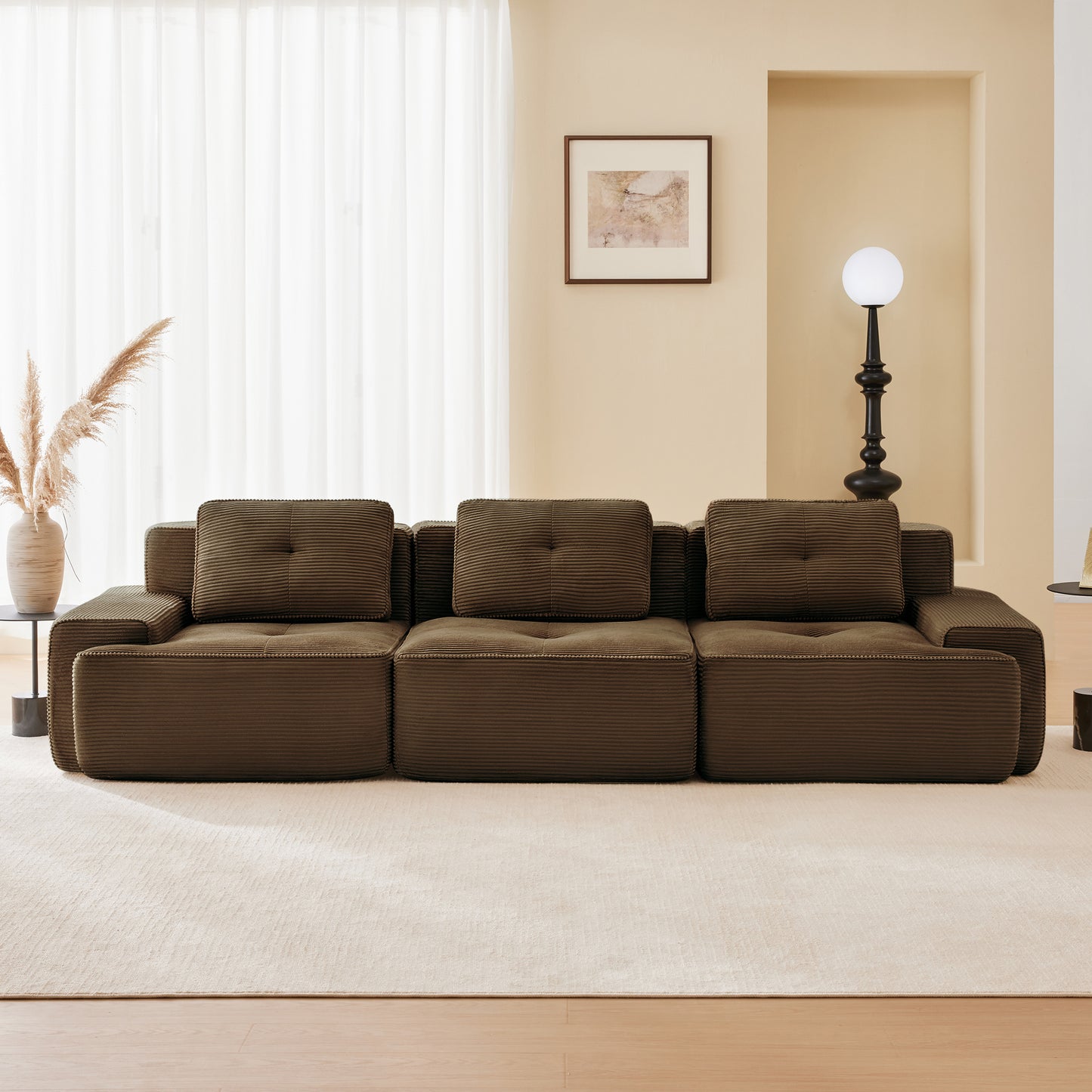 117 Modern Modular Sectional Sofa For Living Room, Corduroy Fabric,Oversized 3-Seater Couch With Deep Seat, Pearl-like Piping, Tufted Design,Buckle Connection,No Assembly,Anti-slip Design,Brown