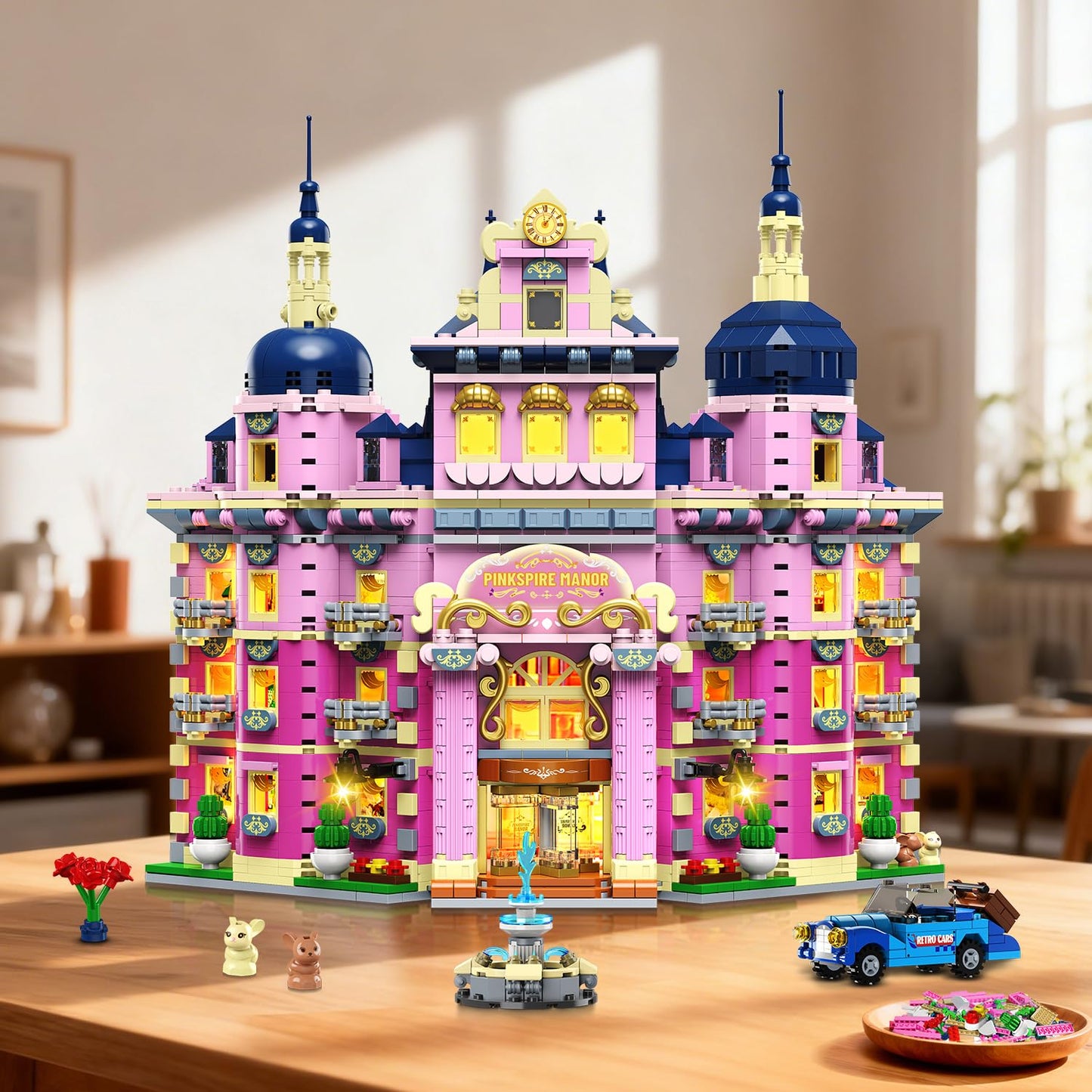 Estate House Building Set With Lights, 3 Style Pinkspire Construction Model With Car Fountain, 1815 PCS Villa Castle Building Block Kit Home Decor, Gift For Adults Boys Girls