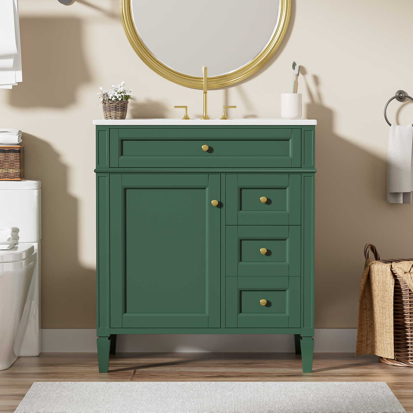 30'' Bathroom Vanity With Top Sink, Modern Bathroom Storage Cabinet With 2 Drawers And A Tip-out Drawer, Single Sink Bathroom Vanity