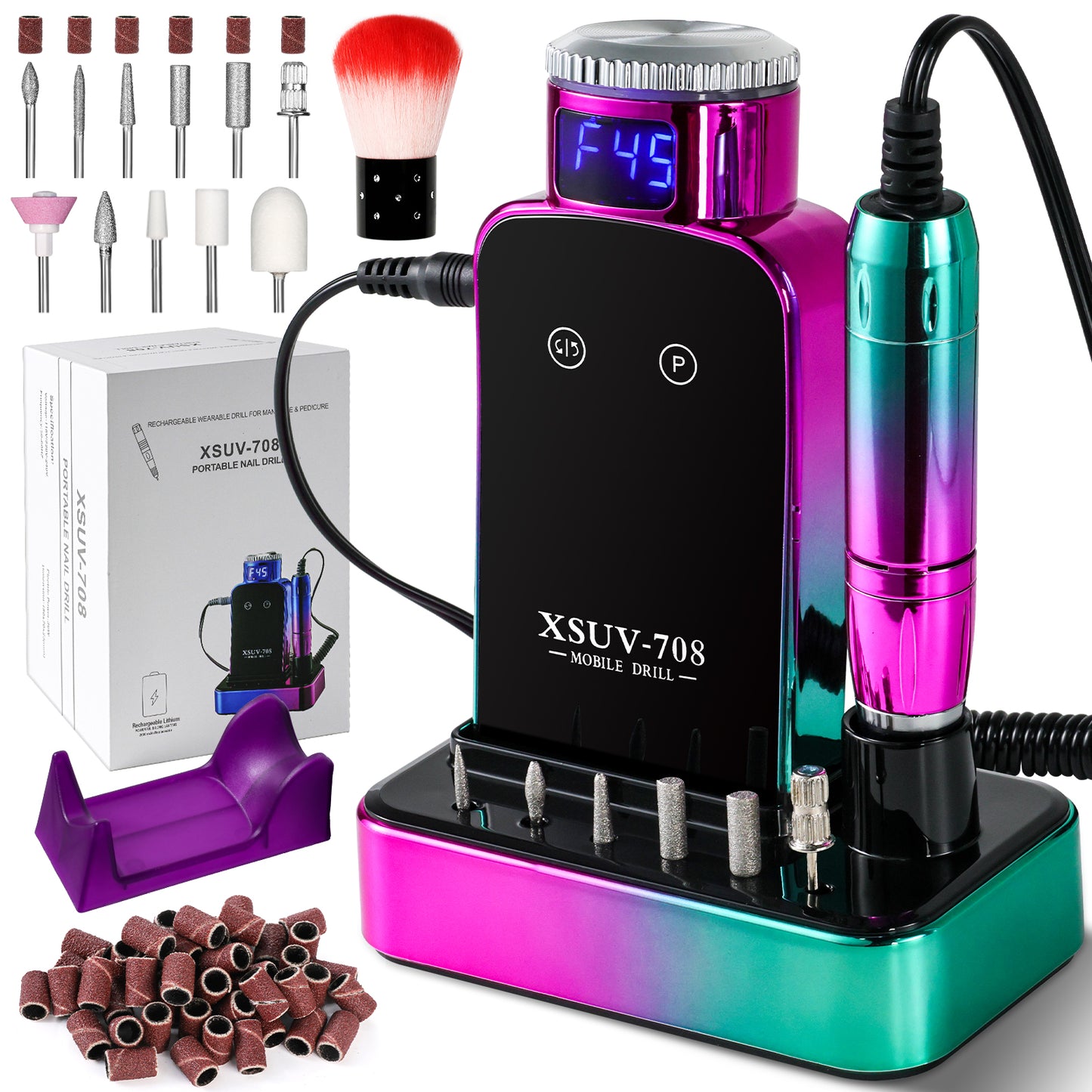 Professional Electric Nail Drill, 45000 RPM Cordless Rechargeable E-File Machine, With 12 Bits, Sanding Bands, LCD Display For Acrylic Gel Nails