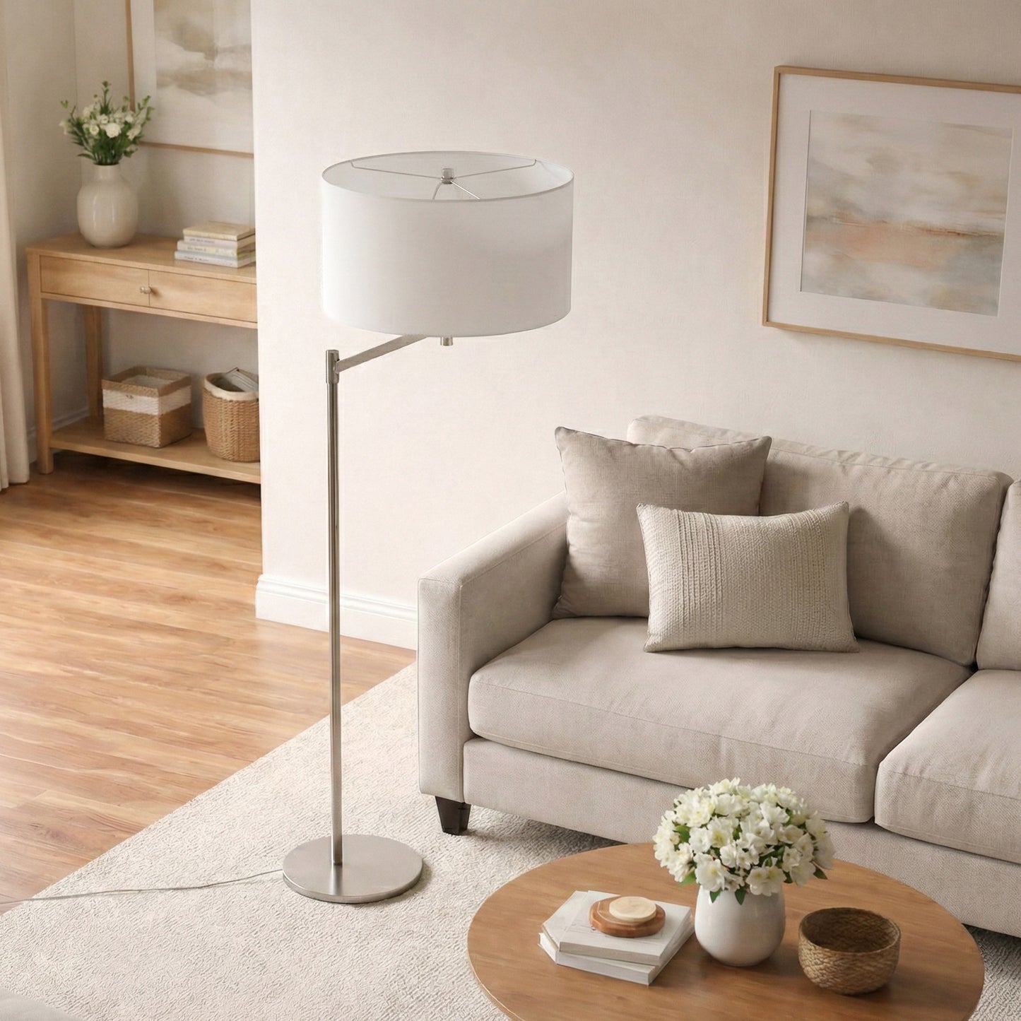 Horizon Brushed Nickel Table Lamp With On Off Switch Curved Metal Base Linen Shade