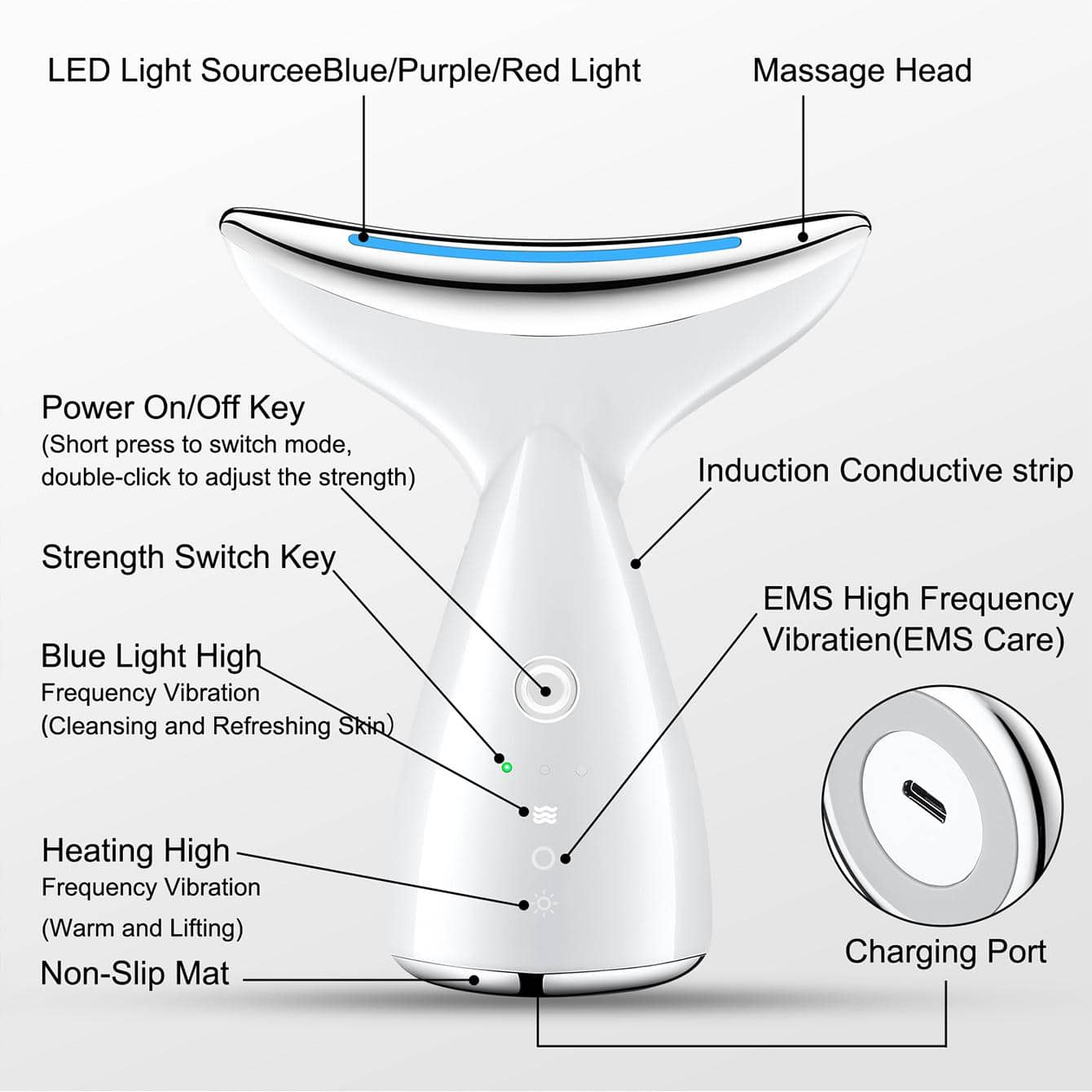 Face And Neck Tightening Device, Firm And Tightens Sagging Skin Face Neck Massager, Beauty Facial Massager For Women And Men - White