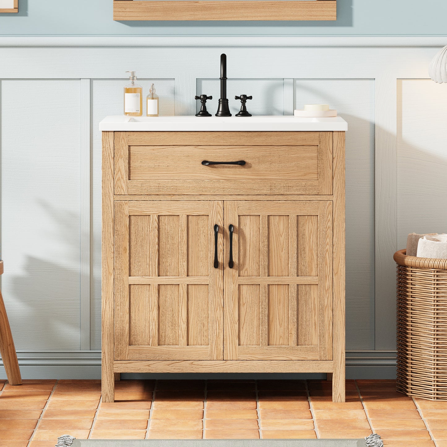 30   Bathroom Vanity With Resin Sink, Solid Wood Frame Bathroom Sink Cabinet With Adjustable Shelf, Cabinet Door Organizers, Natural Wood Grain