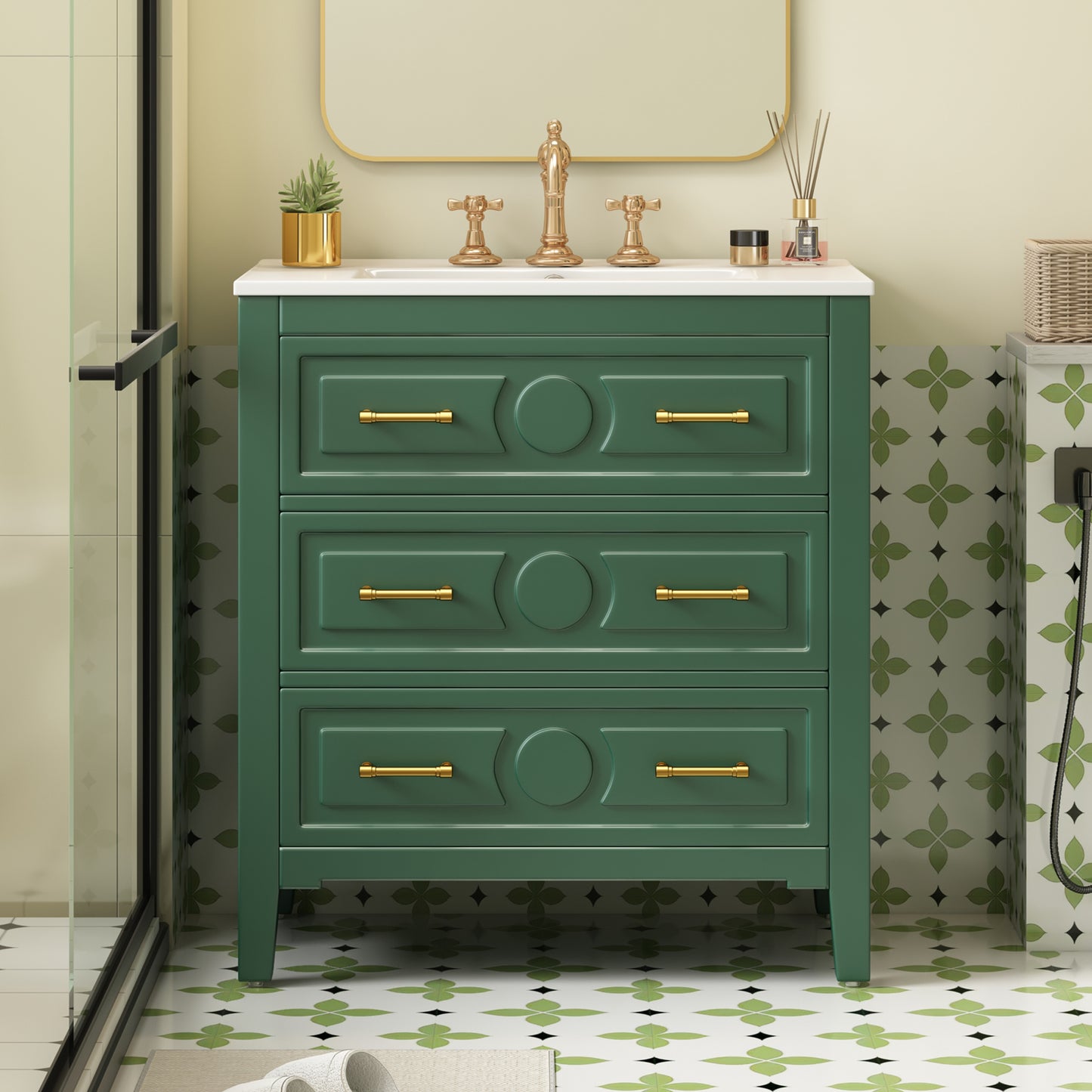 30   Bathroom Vanity With Ceramic Sink Combo, Free Standing Single Vanity Set With 3 Drawers, Solid Wood Frame Bathroom Storage Cabinet, Green