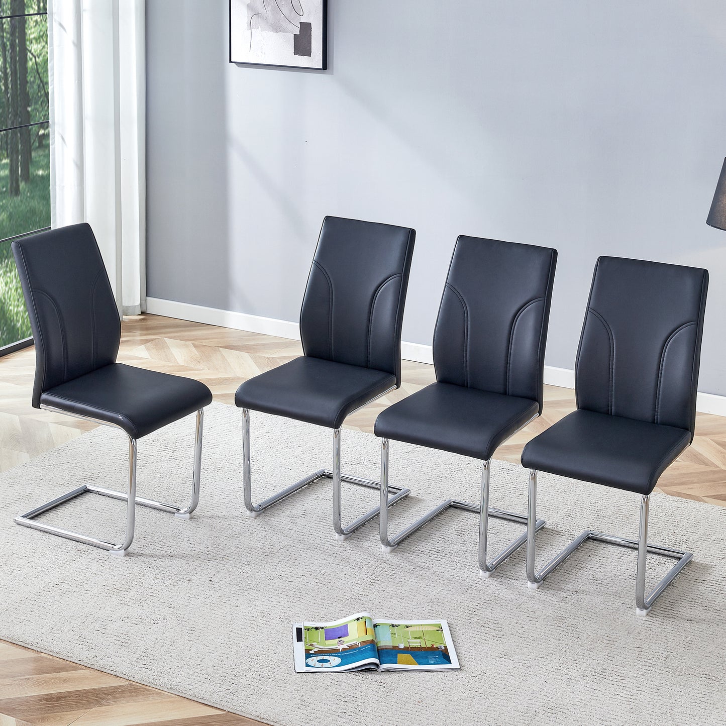 4 Dining Chair Set, Black Dining Chair Set, PU Material High Back Seat And Sturdy Leg Chair, Suitable For Dining Room, Kitchen, Living Room
