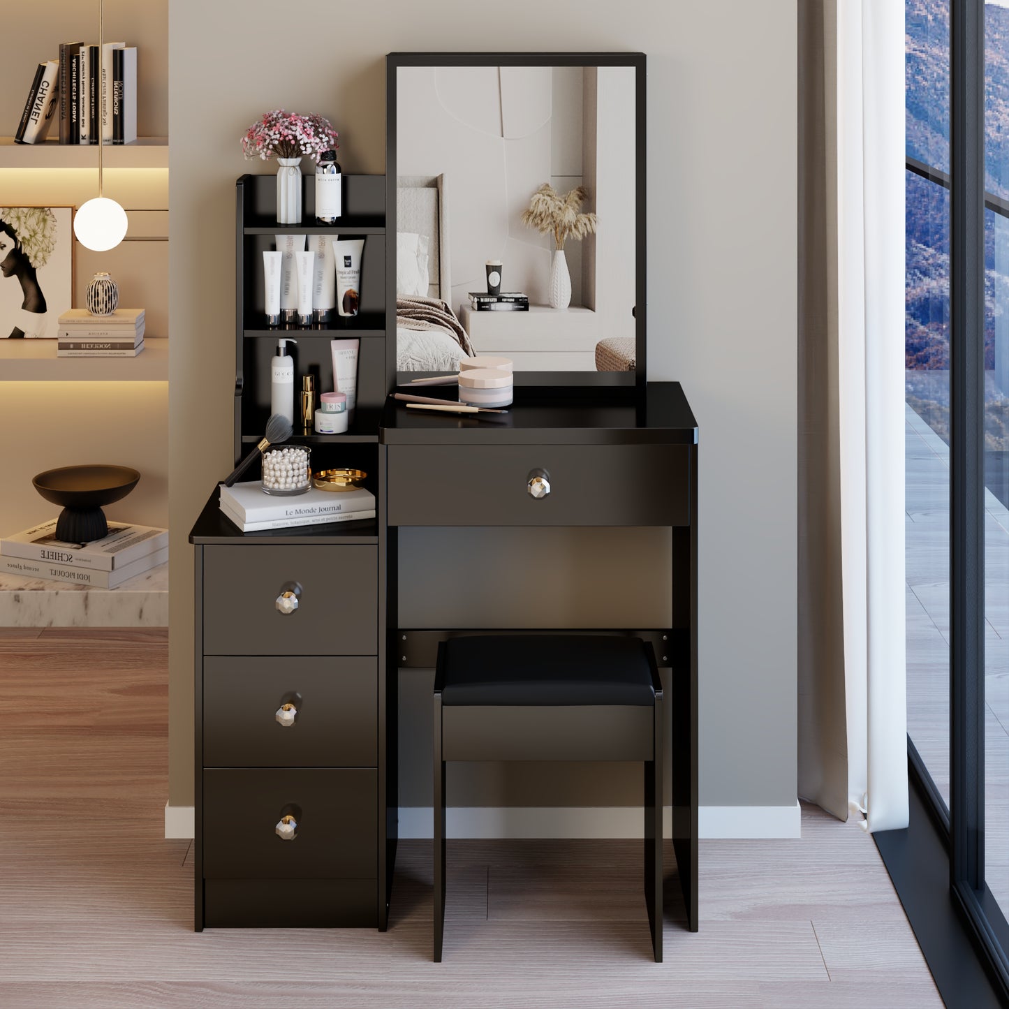 29.2 Small Space Left Bedside Cabinet Vanity Table  Cushioned Stool, Extra Large Right Sliding Mirror, Multi Layer High Capacity Storage, Practical Fashionable Dresser, Suitable For Small Space