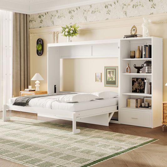 Queen Size Murphy Bed With Height Adjustable Storage Compartments And Shelf, Wall Bed Frame With 1 Drawer, Multifunctional Foldable Platform Bed For Bedroom,Guest Room, White OLD SKU N733S309223K