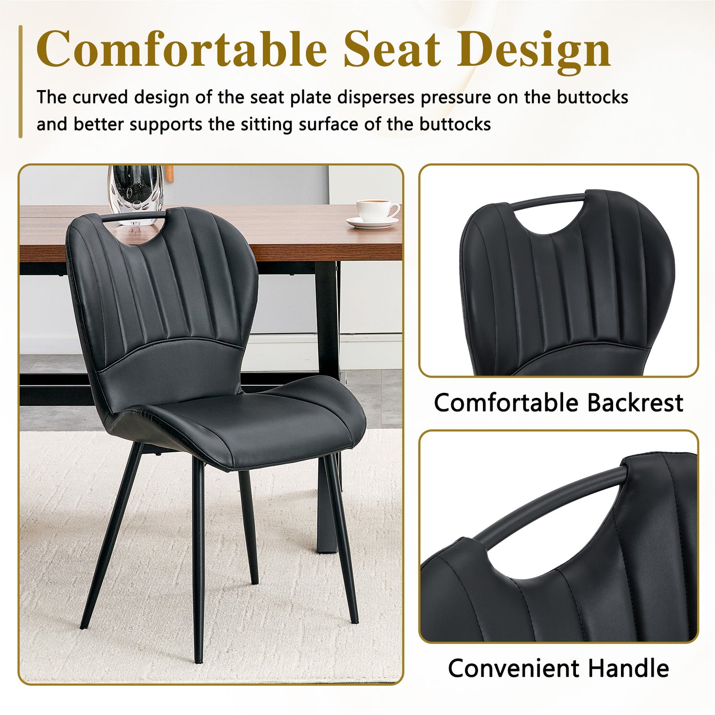 Set Of 4 Black PU Dining Chairs With Integrated Handle. Black Metal Frame, Adjustable Leveling Feet. Home Dining Chairs With Extra-Wide Comfortable Cushion, Versatile For Multiple Scenarios.