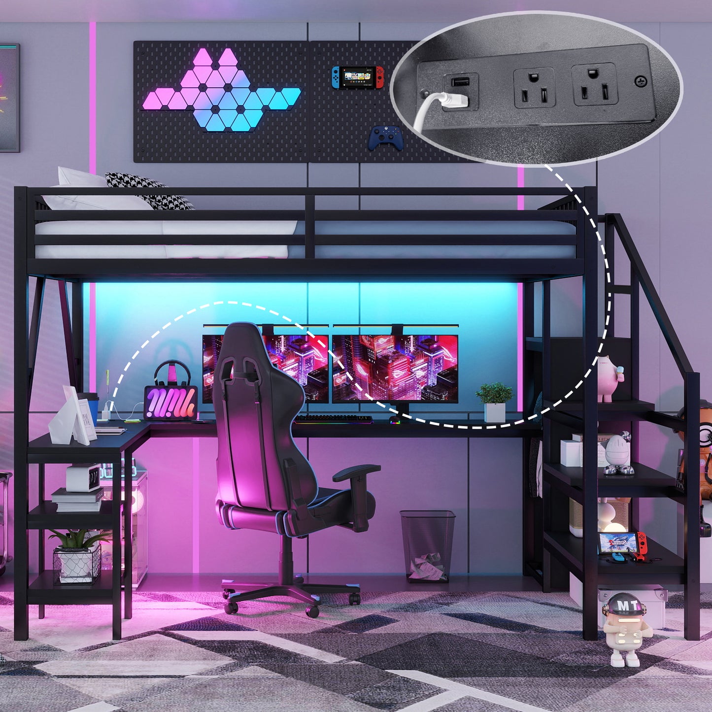 Metal Queen Loft Bed With Wardrobe And LED Light, Queen Size Loft Bed With L Shaped Desk And USB For Kids Teens Adults, BlackOld SKU W2593S00043,Expect Arrival Date 2026 3 7