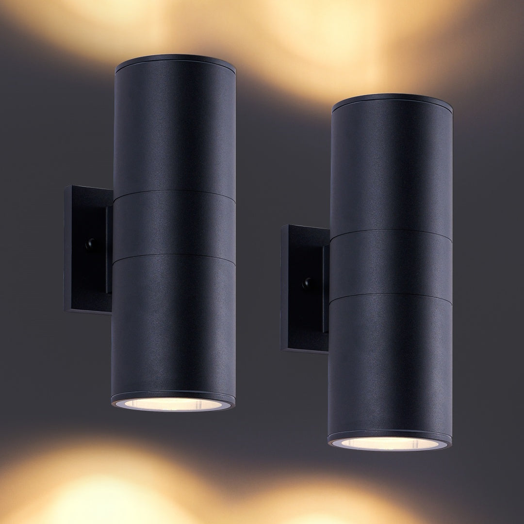 12 Inch Modern Outdoor Porch Light Patio Light In 2 Lights With Aluminum Cylinder And Tempered Glass Cover Waterproof Wall Sconce 2 Pack  Matte Black No Bulbs