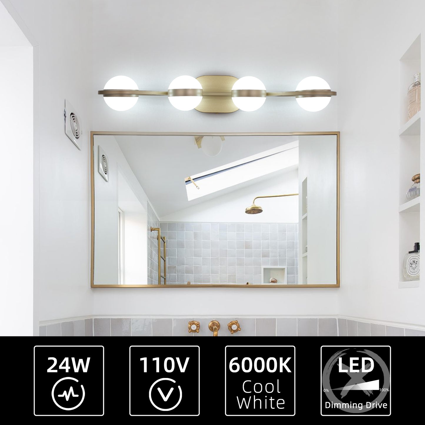 28in  Golden Minimalist LED Bathroom Vanity Light With Crystal Sand Acrylic Shades, 4-Light Wall Mounted Decorative Lighting Fixture, Suitable For Bathroom Vanity Mirror