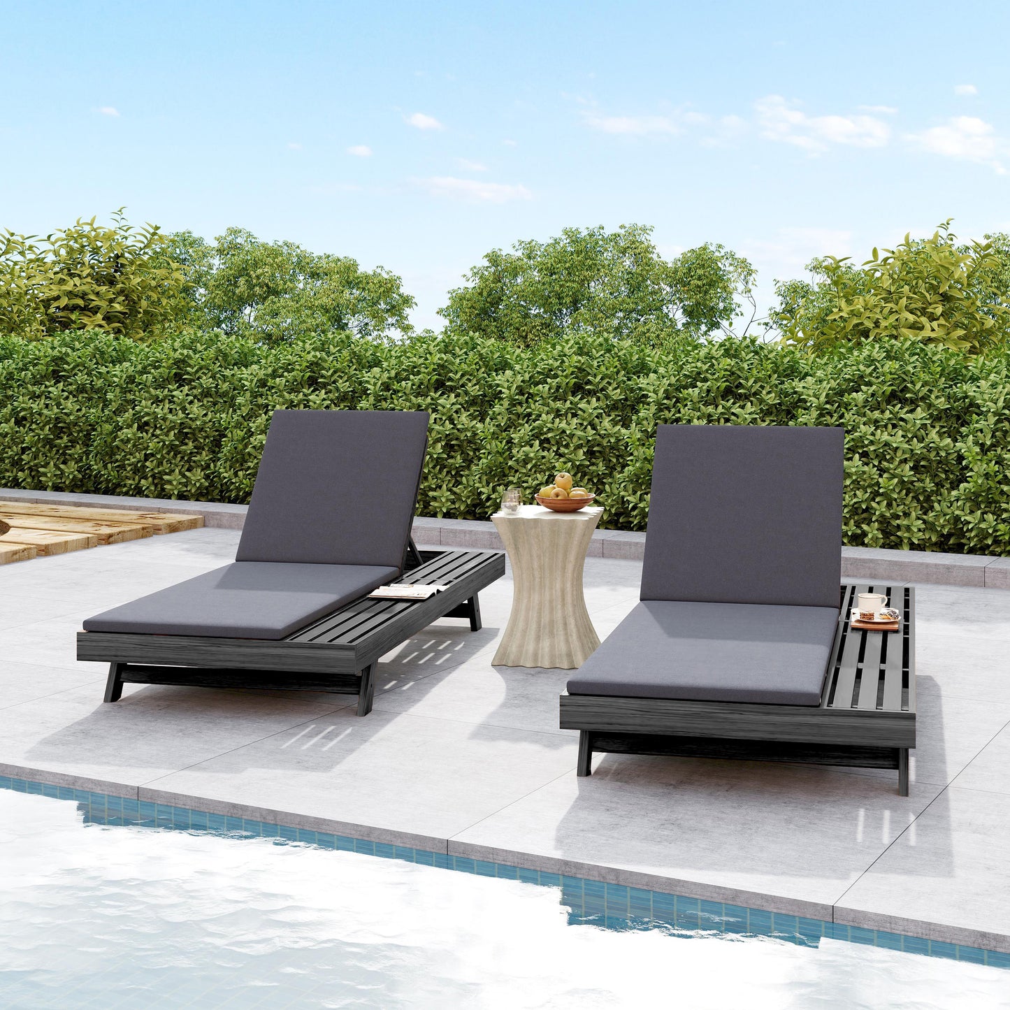 Lounge Chaise Set, Space Available On One Side, Acacia Wood In Black With Water-Resistant Lounge Cushions  Dark Grey & 2 Inch Thick  -Matching Cream Leaf Coconut Version Available