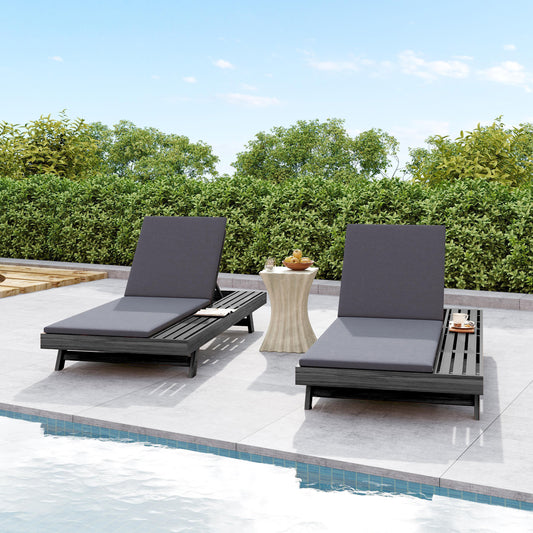 Lounge Chaise Set, Space Available On One Side, Acacia Wood In Black With Water-Resistant Lounge Cushions  Dark Grey & 2 Inch Thick  -Matching Cream Leaf Coconut Version Available