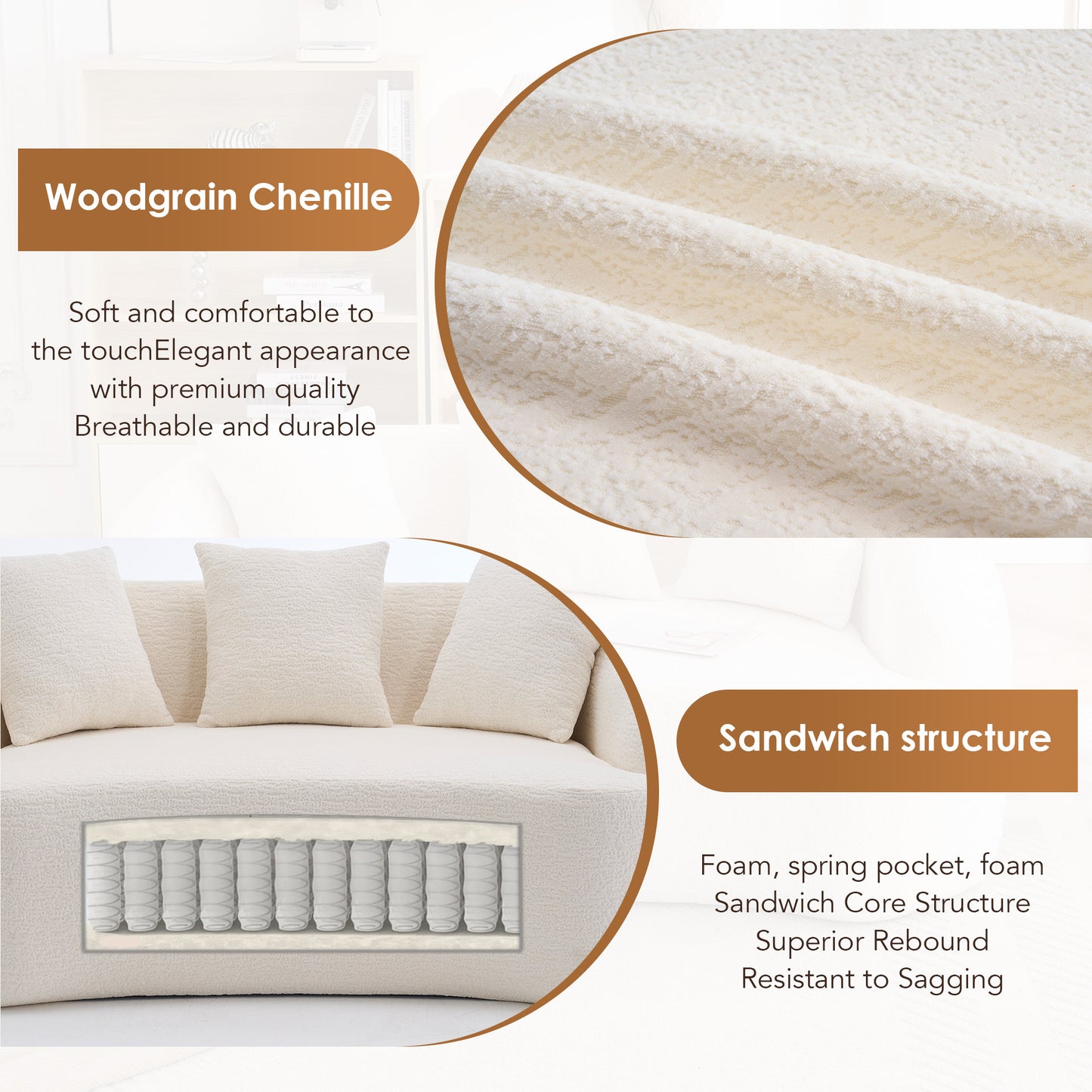 LY-049S Curved Modern Boneless Sofa Loveseat  Backrest Upgrade  2-Seater Off-White Chenille Compression Couch With 3 Pillows  Minimalist Modular Couches For Living Room  Office  Apartment  Guest Room
