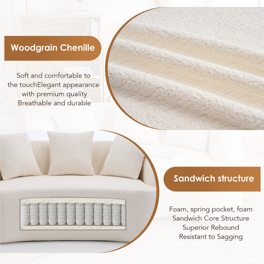 LY-049S Curved Modern Boneless Sofa Loveseat  Backrest Upgrade  2-Seater Off-White Chenille Compression Couch With 3 Pillows  Minimalist Modular Couches For Living Room  Office  Apartment  Guest Room