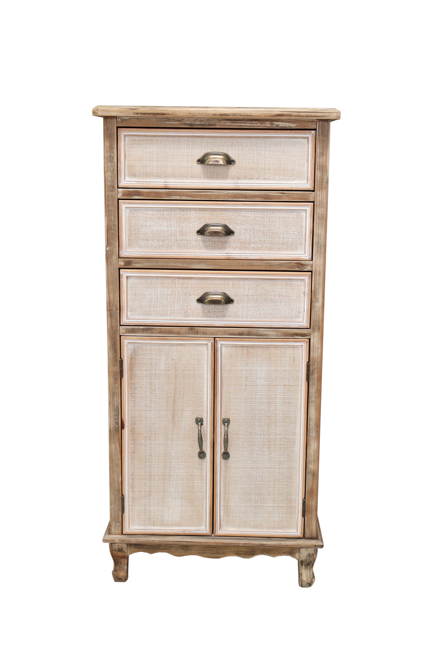 Rustic Wooden Storage Cabinet With Decorative Cutout Door & 3 Drawers, Tall Narrow Organizer For Living Room, Bedroom Antique White