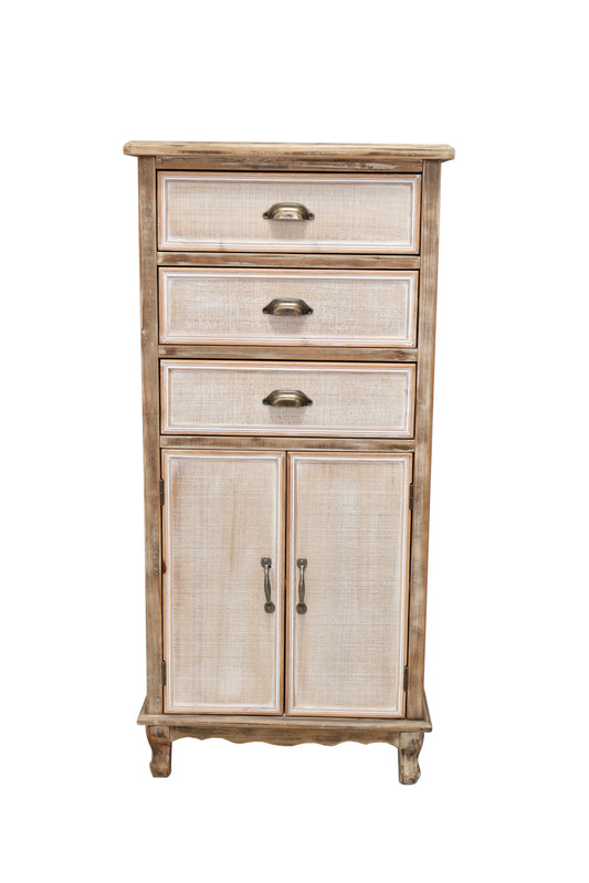 Rustic Wooden Storage Cabinet With Decorative Cutout Door & 3 Drawers, Tall Narrow Organizer For Living Room, Bedroom Antique White