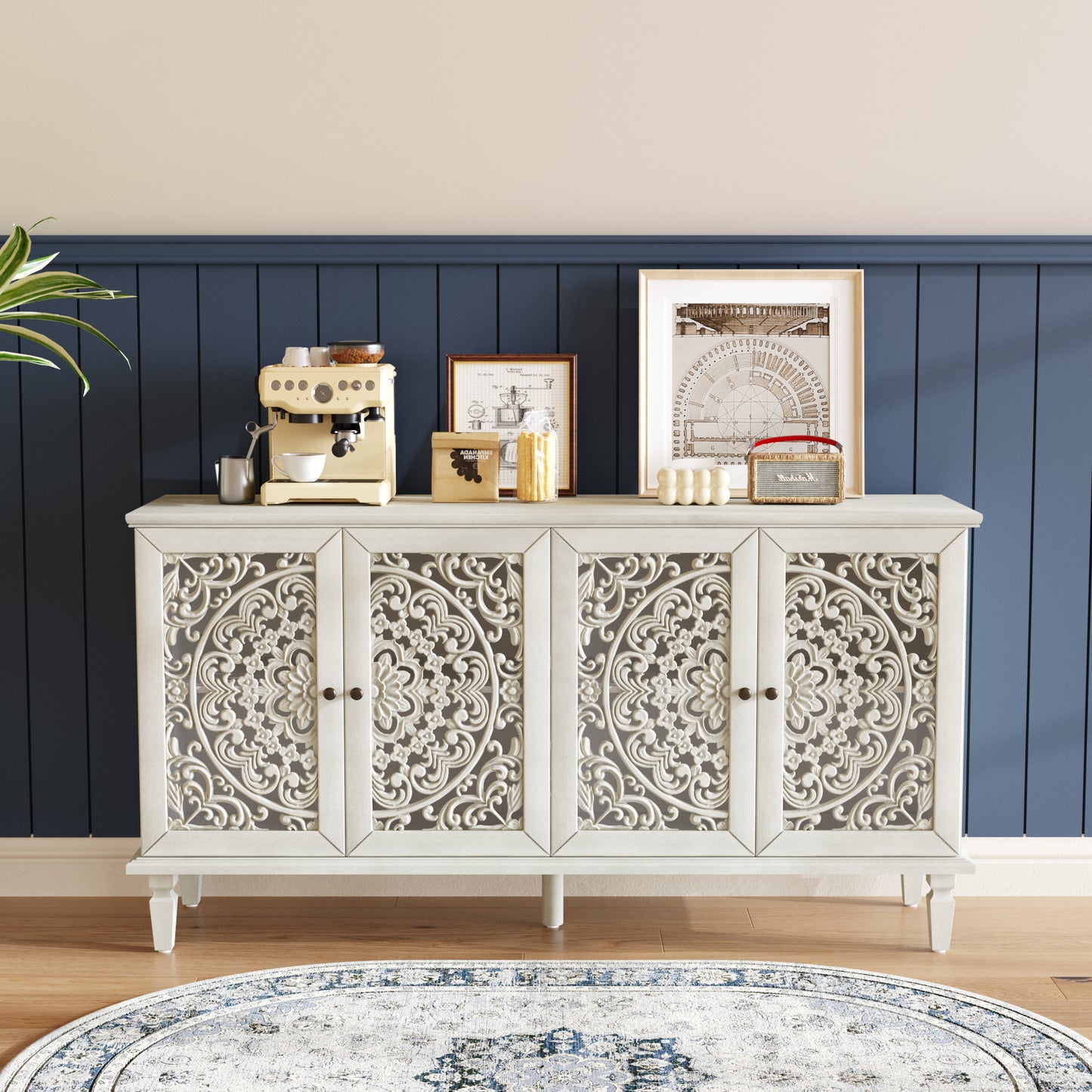 60  Antique Buffet Cabinet With Floral Carvings With Solid Wood Legs&Antique Brass Handles&Adjustable Shelves, TV Stand For 65 TV, Sideboard For Living Room,Dining Room Antique Grey White