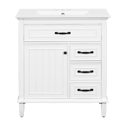 30 Inch Bathroom Vanity With Ceramic Sink Top, Solid Wood Frame, MDF & Pine Cabinet, Flip Drawers, Adjustable Shelf, And Zinc Alloy Handles, Freestanding Storage Cabinet  Faucet Not Included