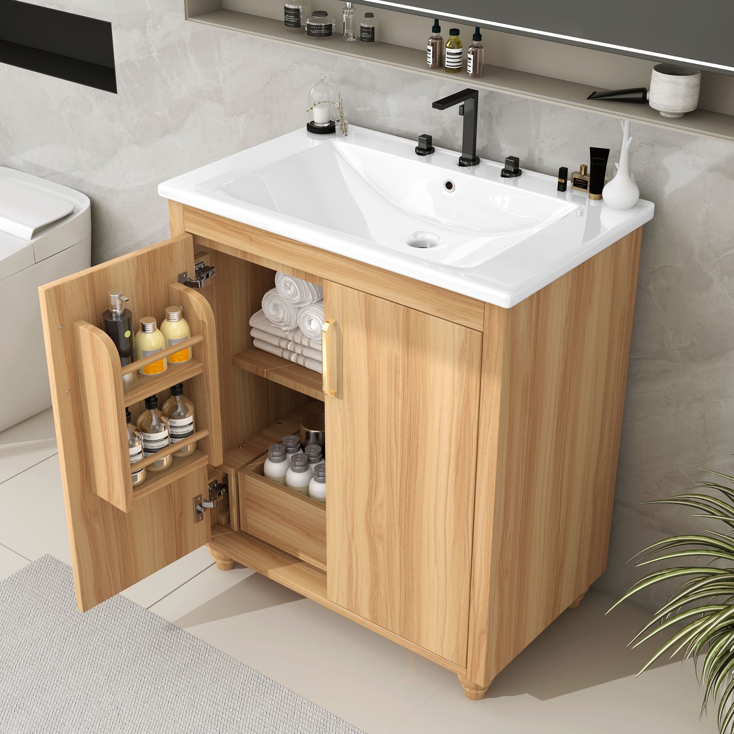 30 Bathroom Vanity With Sink Combo, Multi-functional Bathroom Cabinet With Doors And Drawer,  MDF Board, Natural