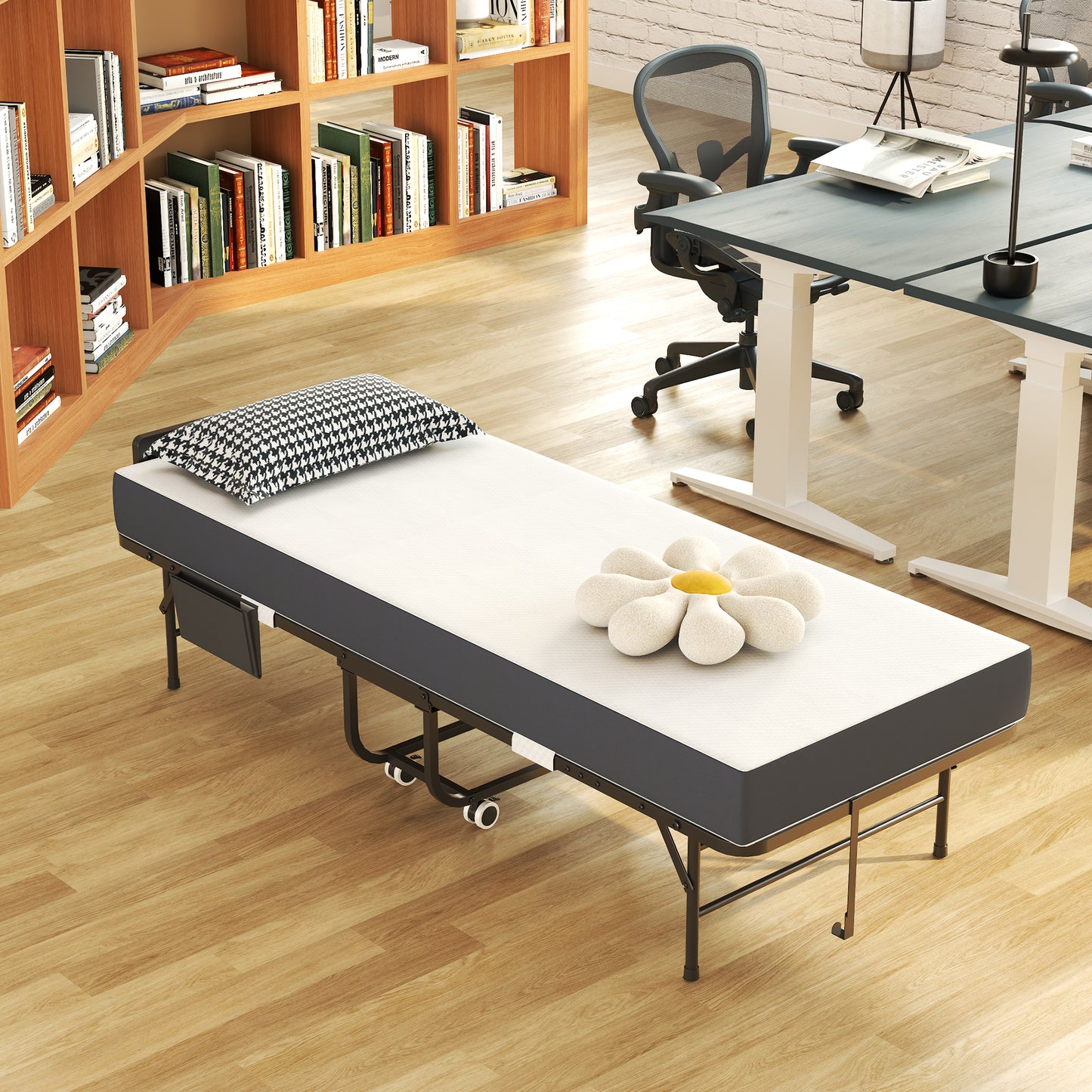 75 Folding Bed With Adjustable Headboard & 5 Memory Foam, Space Saving Rollaway Guest Bed For Tall People, Portable Twin Cot On Wheels, Easy Assembly