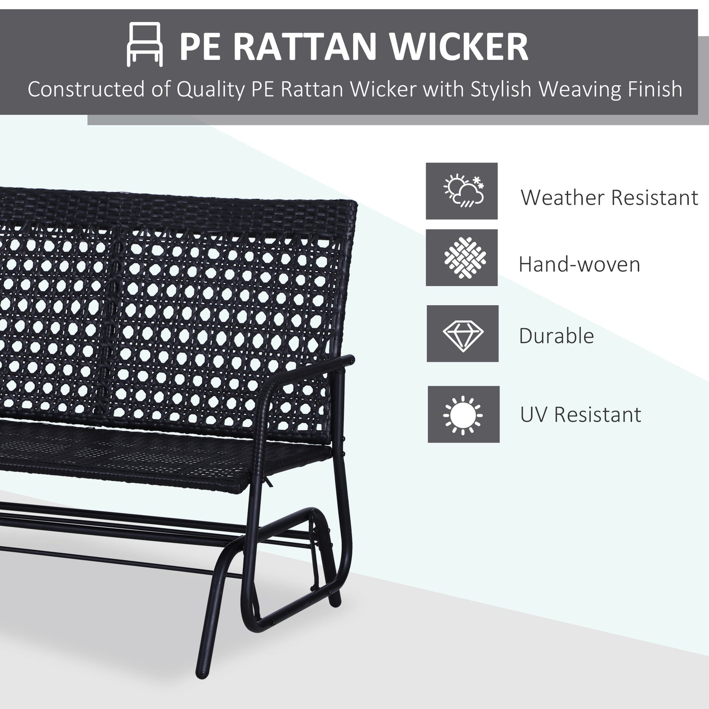 Patio 2-Person Wicker Glider Bench Rocking Chair, Outdoor All-Hand Woven PE Rattan Loveseat W/ Ergonomic Design Rocking System For Patio, Garden, Porch, Lawn, Black