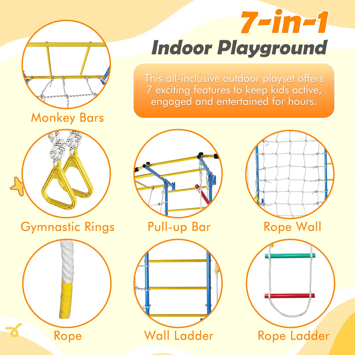 7 In 1 Indoor Playground Laddeer Wall Gym With Monkey Bars,Rope Ladder,Rope Wall, Pull-up Bar, Wall Ladder, Rope, And Gymnastic Rings