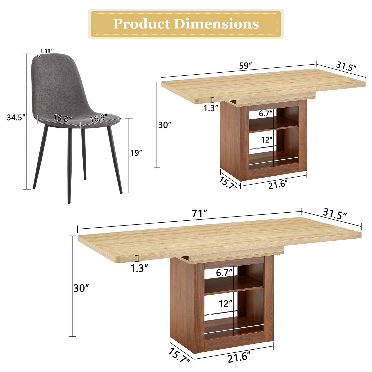 Scalable Dining Table And Chair Set, 59-71 Inch Pull-out Table, 8-piece Set Of Dark Gray Linen-Cotton Material Chairs, Modern Light Luxury Restaurant Furniture.Suitable For Restaurants, Kitchens, Etc.