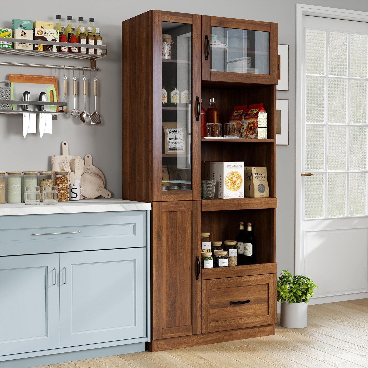 Kitchen Hutch Cabinet  Farmhouse Kitchen Hutch Buffet Cabinet With Microwave Stand, Freestanding Buffet Sideboard Coffee Bar Cabinet
