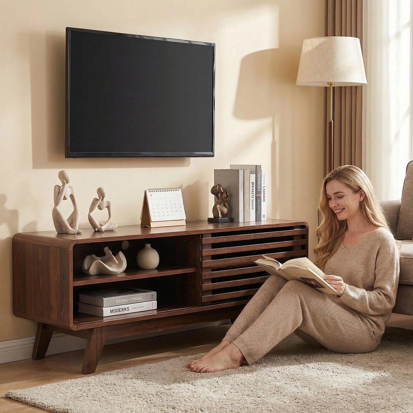 TV Stand With Storage, Entertainment Center With Slatted Sliding Door, Mid Century Modern TV Stand, Farmhouse Media Console For Living Room Walnut, 46