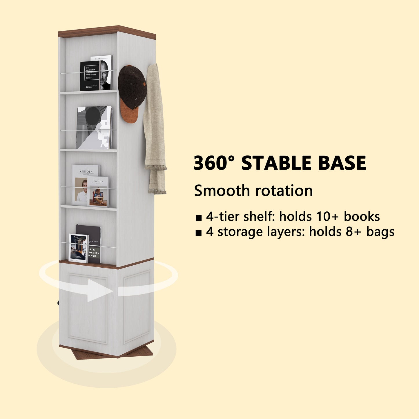 360 Rotating Storage Cabinet With Full-Length Mirror, Total Of 8 Open Shelves On Both Sides, One Side Hooks, 1 Door With A Shelve, For Living Room, Entryway, Bathroom-Antique White