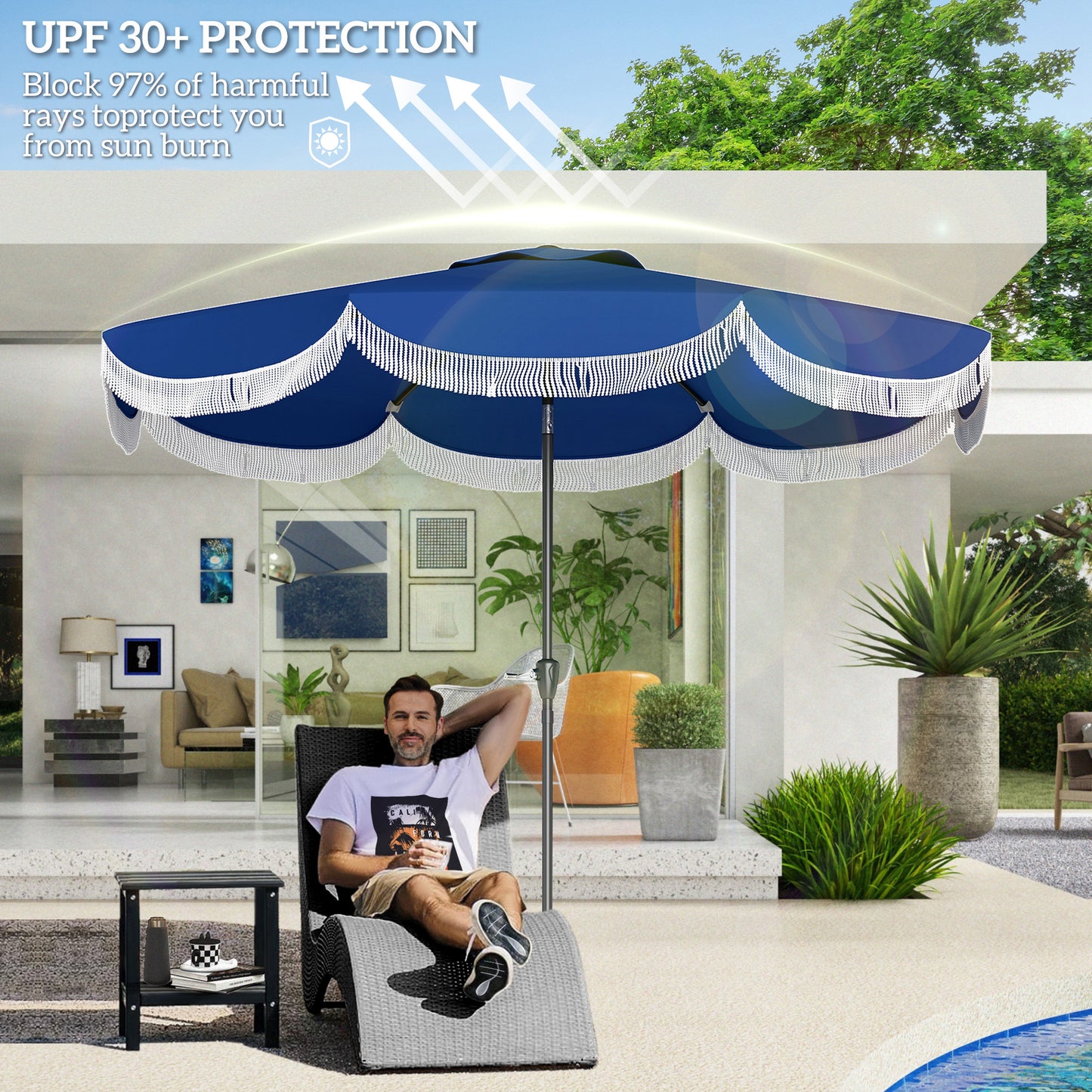 9FT Patio Umbrella, UPF 30+ Outdoor Market Umbrella With Crank, 8 Ribs, Push Button Tilt, Vented Patio Table Umbrella For Deck Backyard Lawn, Navy Blue